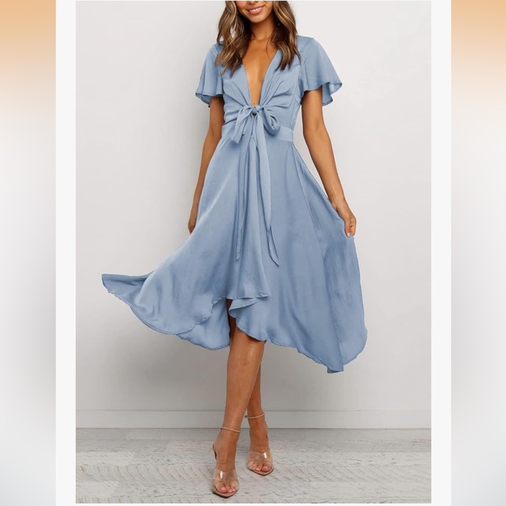 Elegant Sky Blue Silk Dress With Bow